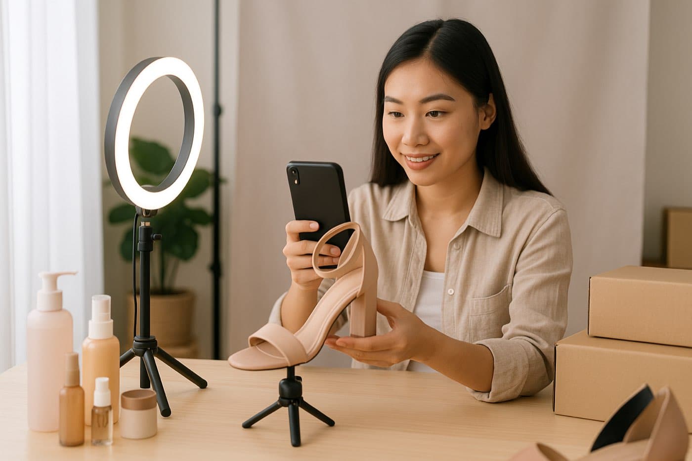 Người bán mới tự chụp ảnh sản phẩm bằng điện thoại với đèn ring light để đăng bán trên sàn